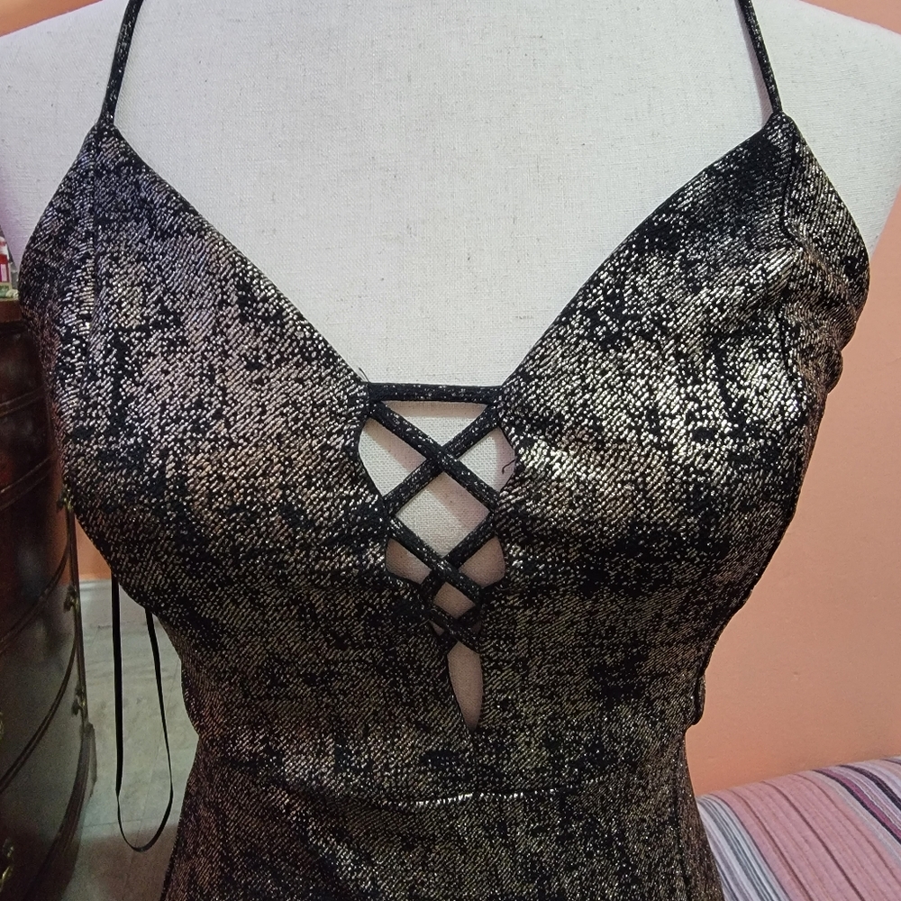 A gold mini dress